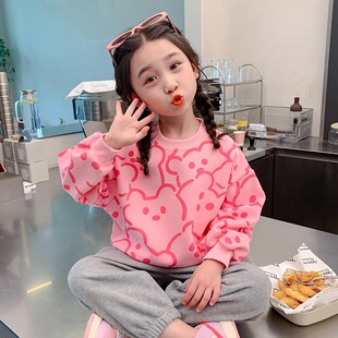 2024 New Autumn Girl's Treasure Girl's Sweat Autumn Season Western Style Pink Children's Pullover Top