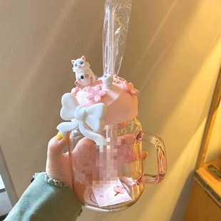 Star Green Apron Bear Straw Cup Pink Cherry Blossom Cute Cat Bow Mason Glass Straw Cup