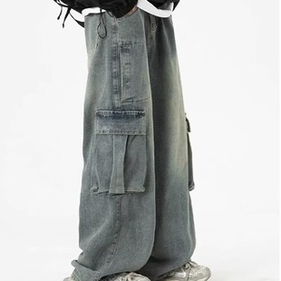 American Style High Street Washed Jeans Men's Retro Large Pocket Workwear Wide Leg Pants Spring and Autumn Fashion Brand Loose Straight Pants