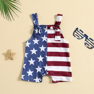 Cross-border European and American Festivals US Independence Day Baby's Clothes Color-matching Printed Knot Sling One-piece Climbing Suit