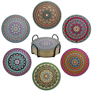 Cross-border explosions 6 wooden set cup cushion with storage rack insulation sunflower mandala cup cushion manufacturers batch