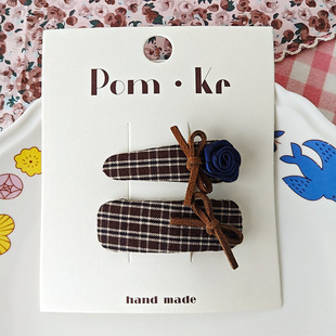 Korean Style Autumn and Winter brown Bow Plaid Embroidered Hairpin Fabric Girl's Bb Clip Bangs Clip Love Star Hairband