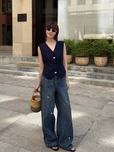 Four Yuan High-end Fixed Placket Button Decorative V-neck Waist Sleeveless Chanel Style Vest Top Women's Summer New 7833