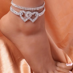 Cross-border popular personalized trendy double love anklet European and American full diamond shiny beach anklet popular accessories for women