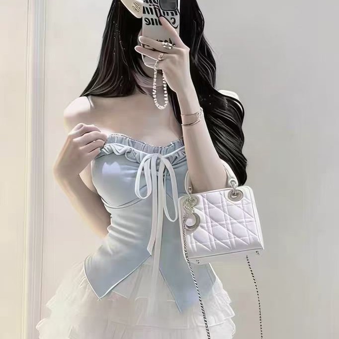 Ourlik Summer New Style Spicy Girl Style Pleated Patchwork Ruffle Edge Tank Top for Women, Slim Fit with Fixed Chest Pads, Versatile