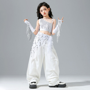 Girls' Navel jazz dance hip-hop costume women's group sequin model catwalk practice fashionable white suit