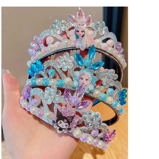 Children's Headband Crown Frozen Princess Aisha Blue Flash Diamond Pearl Headband Performance Dress Up Shooting Props