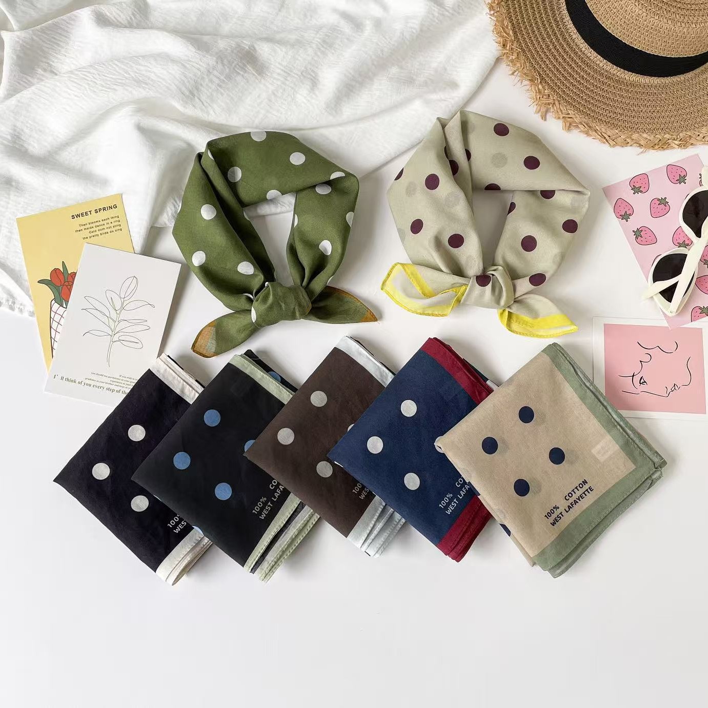 Thin summer sun protection scarf, polka dot cotton and linen small square scarf, Japanese and Korean fresh style, versatile accessory, neck warmer
