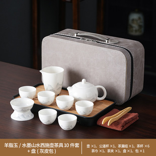 Light Luxury Ceramic Dehua Mat Fat Jade Kung Fu Tea Set suit White Porcelain Cover Bowl Tea Cup Teapot Tea Tray Meeting Guests to Make Tea