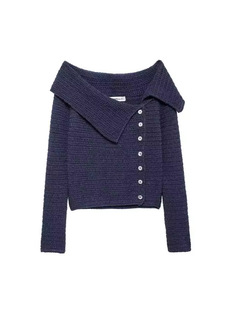 Cross-border women's clothing wholesale European and American holiday style lapel shoulder design sweater pure sexy asymmetric top autumn