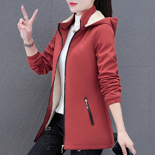 Cross-border Hot fleece-lined Thickened Windbreaker Autumn Women's Small 2024 New Mid-length Hooded Warm Jacket