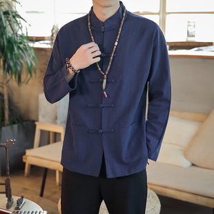 Autumn Tang Suit for Young Men Chinese Style Linen Shirt Chinese Button Shirt Cotton Linen Han Suit with Collar Zhongshan Suit