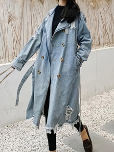2024 Spring and Autumn new spring and Hong Kong style retro Denim trench coat Women's Mid-length over-the-knee waist-tight temperament