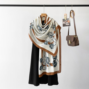 2024 Cross-border Autumn New High-end Sense Herringbone Silk Scarf Women's Pink Floral Printed Imitation Silk Satin Shawl