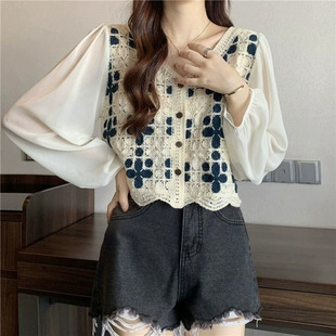 Cross-border Hollow Crochet Beach Blouse Sweet Top Knitwear Shirt Sleeveless Waistcoat Vest Vest Knitwear