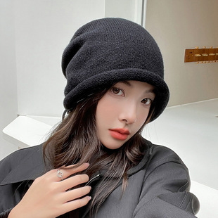 Internet Popular Heap Hat Women's Autumn and Winter Japanese-made Face Small Baotou Cold Hat Big Head Wrap Drawstring Curl Knitted Wool Hat