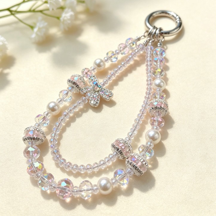 Double-Layer Crystal Pearl Phone Lanyard, Rhinestone Bow Keychain, Multi-Color Options, Wholesale Bag Accessories