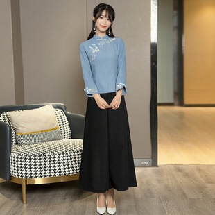 Autumn and Winter new Chinese style improved cheongsam top wide leg pants suit women's clothing new Chinese Tang suit health care overalls