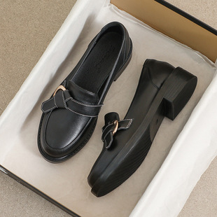Genuine Leather Shoes Women's 2024 Autumn New British Style Flat Black Comfortable Middle Heeled Bean Soft Bottom Loafers