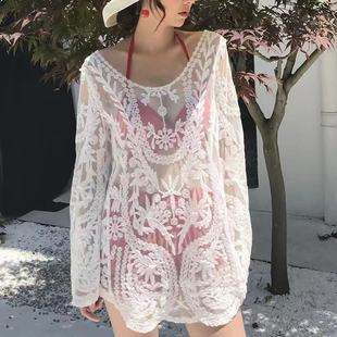 Long Sleeve loose lace mesh shirt top base shirt beach sun protection holiday swimsuit hollow blouse air conditioning shirt