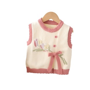 2024 Korean Style Infant Knitted Vest Baby Girl Fashionable Round Neck Knitwear Vest Sleeveless Knitwear