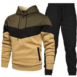 Men's three colors fleece-lined hooded sweater suit autumn and winter sports fitness hoodie fashion casual color matching suit
