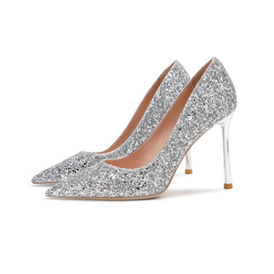 Wedding Shoes Women's Winter Bridal Shoes Sequined Wedding Dress Two-Wear Crystal Shoes 2023 New High Heel Fine Heel Not Tired Feet