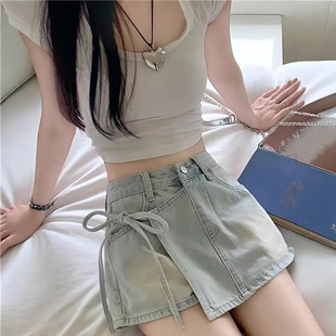 American Hot Girl Lace-Up Denim Skirt for Women 2025 Spring and Summer Style Asymmetrical High-Waist Slimming Look A-Line Short Culottes