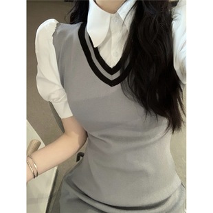 Western style contrast color fake two-piece shirt style dress women's summer new sweet hot girl waist slim-fit sheath short skirt
