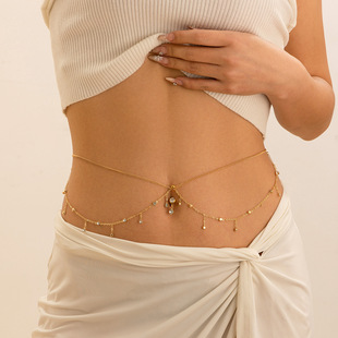 European and American cross-border sexy beach imitation pearl tassel rhinestone waist chain Body Chain Zircon navel nail body chain
