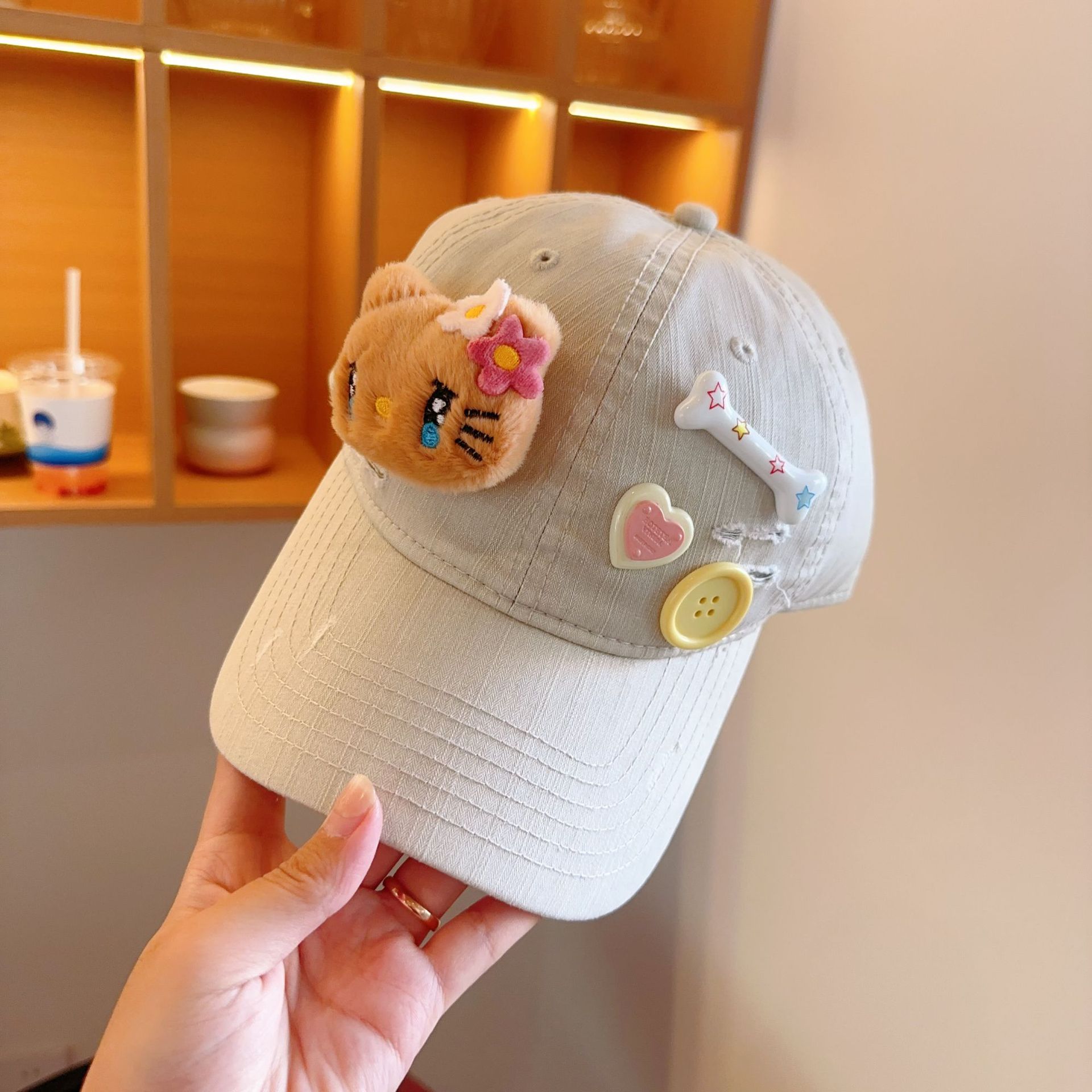 Original Design Cartoon Cat Fries Bow Diy Niche Ins College Style Personality Cute Sunshade Cap