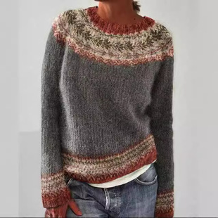Amazon European and American New Sweater Women's Wish Best Selling Round Neck Color-matching Loose Fashion Pullover Knitted Sweater