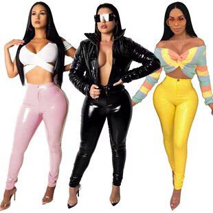 Cross-border Products European and American PVC High Waist Slim Leather Pants Women Sexy Bright Leather Pants No Odor Accurate Size