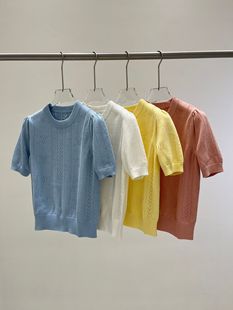 Sai * Lin combed cotton dopamine color hollow jacquard crew neck pullover T-shirt sweater