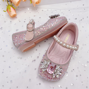 Girls Elsa Princess Shoes 2024 Spring and Summer New Children's Shoes Small Leather Shoes Soft Bottom Baby Girls Crystal Shoes
