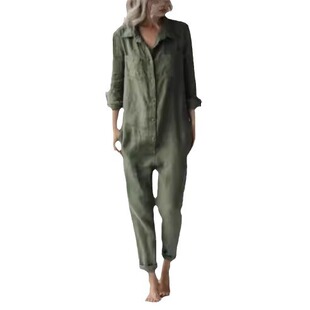 2022 Foreign Trade Hot Selling Explosive Casual Lapel Pocket Long Sleeve Solid Color Cotton Jumpsuit Green
