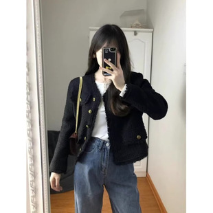 Autumn and Winter Black Fragrant Elegant Wind Coat Women's Spring and Autumn Design Sense Niche Sense Short Tweed Top Women's Clothing