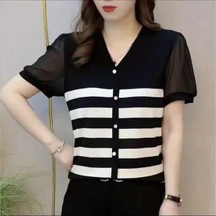 New Style Elegant Mother Clothes Western Style Casual Top Summer Fashion Women's Belly Covering Slimming Short-sleeved T-shirt Women's Black