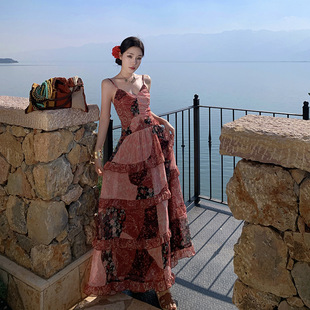 French Style Holiday Seaside Heavy Industry Lace Floral Sling dress Summer Beautiful Tight Waist Slimming Elegant Long Dress for Women