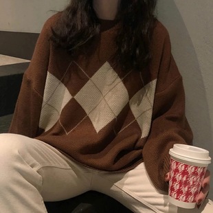 2023 Amazon AliExpress Cross-border Fall/Winter Korean version of rhombus Net red pullover knitted sweater jacket women