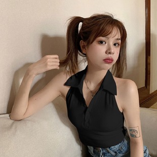 Design Sense Niche Knitted Sling Spice Girl Vest Women's Summer Outer Wear Fashionable Backless Neck Polo Shirt Sleeveless Top
