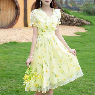 Floral Ruffled Chiffon V Neck Dress Women's High-End 2025 Summer New Style Waist Slimming Look A-Line Skirt