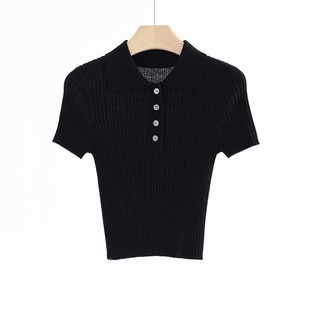 Blue Collar T Half Open Chest Short Sleeve Knitted Fir 2024 Women's Summer New Fashionable Slimming Pullover Thin Top