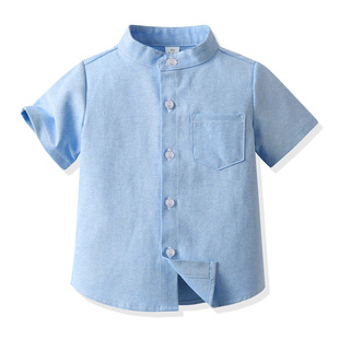 Foreign trade children's clothing 2024 new solid color casual cardigan top children's stand collar Korean style short sleeve shirt one-piece delivery