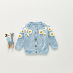 ins Autumn Baby Handmade Embroidered Cardigan Sweater European and American Fashionable Long Sleeve Baby Cardigan Daisy Flower Top