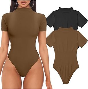 2024 Amazon Explosions European and American Women's Body Clothes Sexy Rib High Neck Short Sleeve Top Yoga Body Clothes
