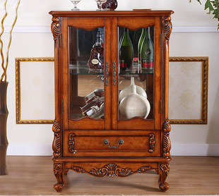 American Style Solid Wood Carved Double Door Wine Cabinet European Style Wine Cabinet Display Cabinet Living Room Glass Door Vintage Integral Small Wine Cabinet