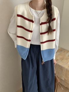 Wooden Four Stripes Contrast Color Double Zip Knitted Vest Women's Autumn Slimming Sleeveless Stacked Sweater Vest Top M6061