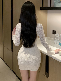 WDS3406 European and American 2023 cross-border foreign trade socialite sexy long-sleeved lace V-neck pleated slimming sheath dress