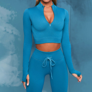 Solid Color Autumn and Winter Solid Color Fashion Zipper Fitness Long Sleeve Drawstring Running Sports Trousers Two-Piece Yoga Suit for Women